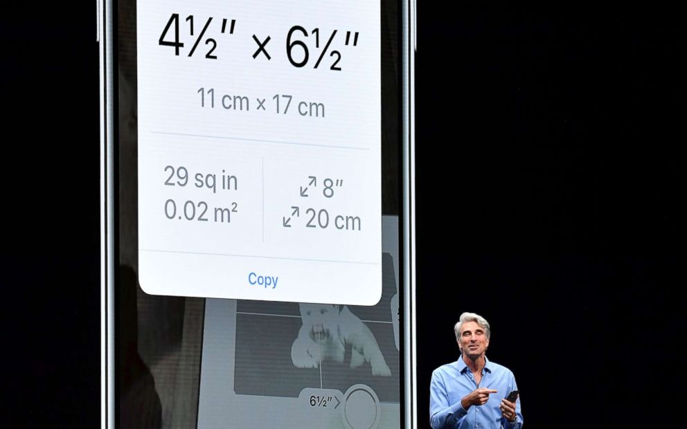 PHOTO: Apple Senior Vice President of Software Engineering Craig Federighi speaks about a new Measure app at Apple's Worldwide Developer Conference (WWDC) at the San Jose Convention Centerin San Jose, Calif., June 4, 2018.