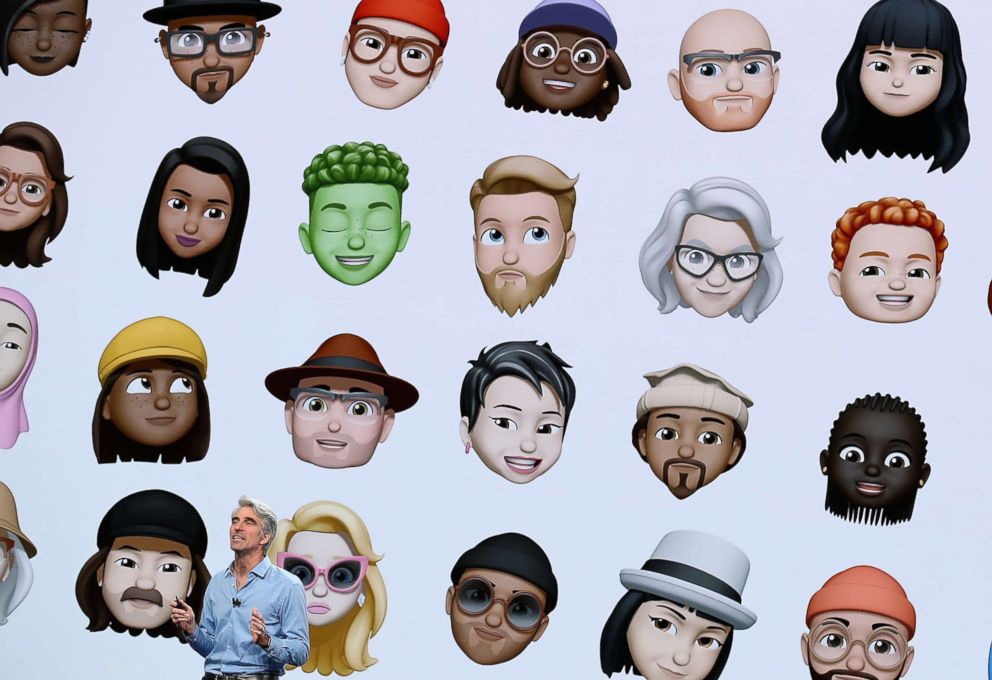 PHOTO: Apple's senior vice president of Software Engineering Craig Federighi speaks during the 2018 Apple Worldwide Developer Conference, June 4, 2018 in San Jose, Calif., with images of the new personalized Memoji characters displayed behind him.