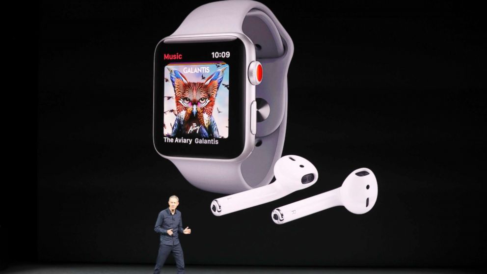 PHOTO: Jeff Williams, Apple COO, speaks as product images are shown behind him during a launch event in Cupertino, Calif., Sept. 12, 2017.
