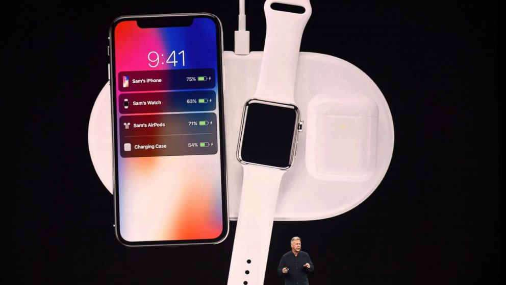 Apple's Philip Schiller introduces AirPower, a wireless charging system for use with Apple products, during a media event at Apple's new headquarters in Cupertino, Calif. on Sept. 12, 2017.