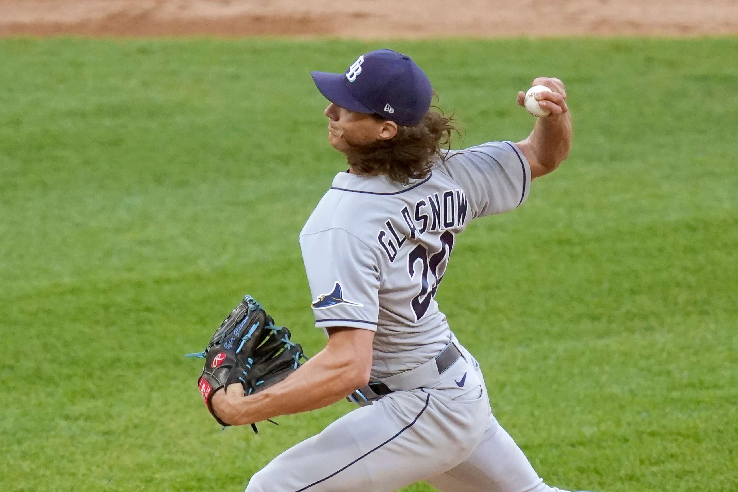 PHOTO: Tampa Bay Rays starting pitcher Tyler Glasnow delivers during the first inning of a baseball game against the Chicago White Sox, June 14, 2021, in Chicago.