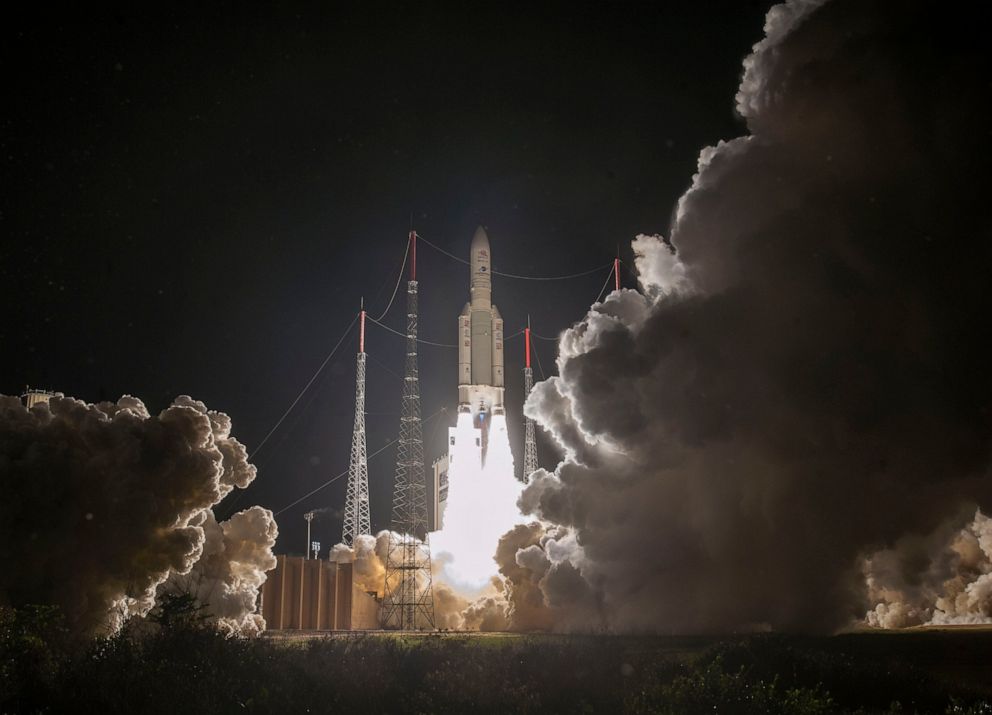 PHOTO: In this photo provided by European Space Agency (ESA), The Ariane 5 rocket carrying BepiColombo lifts off from its launch pad at Kourou in French Guiana, for the mission to Mercury, Saturday, Oct. 20, 2018.