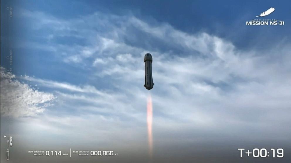 PHOTO: This screen grab taken from a Blue Origin livestream of the launch, shows Blue Origin New Shepard's flight NS-31 lift off from Launch Site One in Van Horn, West Texas, April 14, 2025, with an all-female crew.