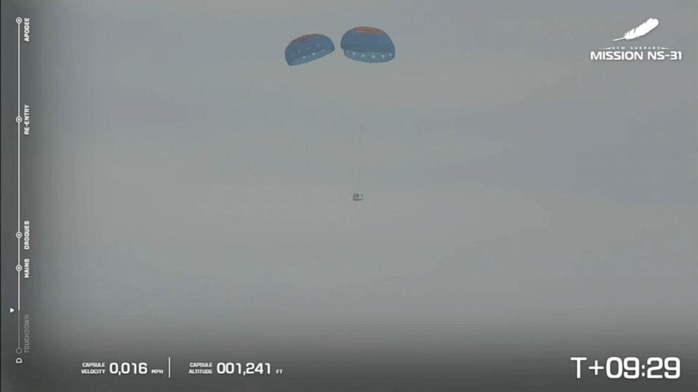 PHOTO: This screen grab taken from a Blue Origin livestream of the launch, shows Blue Origin New Shepard's flight NS-31 return to Earth in West Texas, April 14, 2025, with an all-female crew.