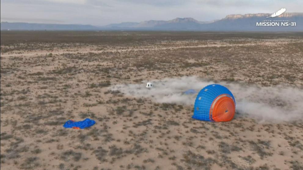 PHOTO: This screen grab taken from a Blue Origin livestream of the launch, shows Blue Origin New Shepard's flight NS-31 return to Earth in West Texas, April 14, 2025, with an all-female crew.