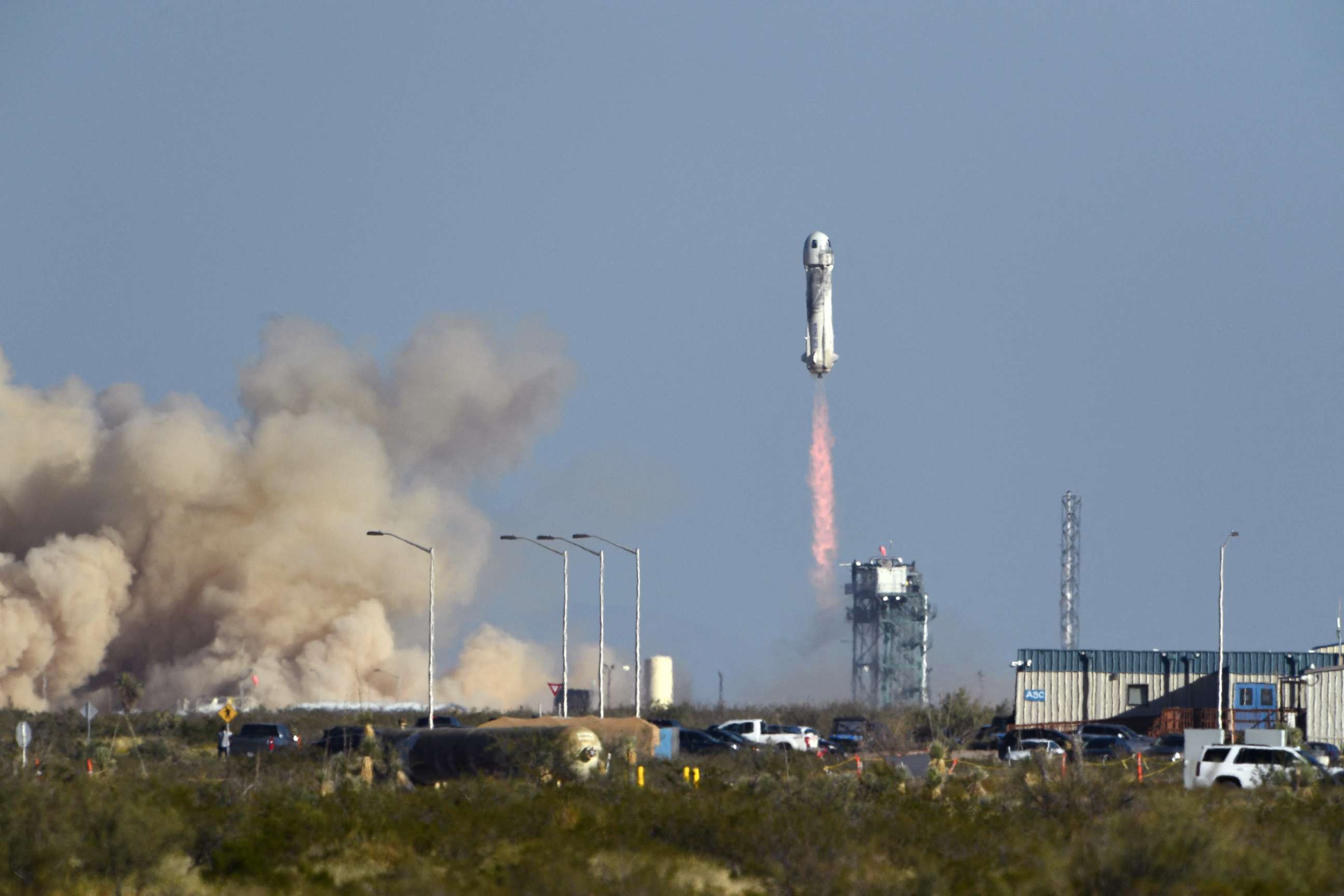 PHOTO: The New Shepard rocket launches on Oct. 13, 2021, from the West Texas region, 25 miles north of Van Horn, with "Star Trek" actor William Shatner aboard.