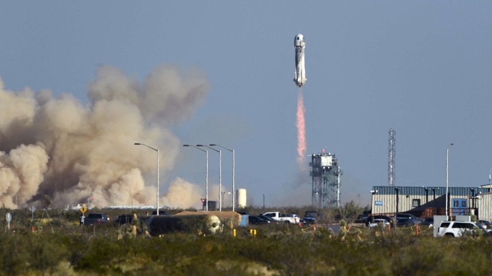 PHOTO: The New Shepard rocket launches on Oct. 13, 2021, from the West Texas region, 25 miles north of Van Horn, with "Star Trek" actor William Shatner aboard.