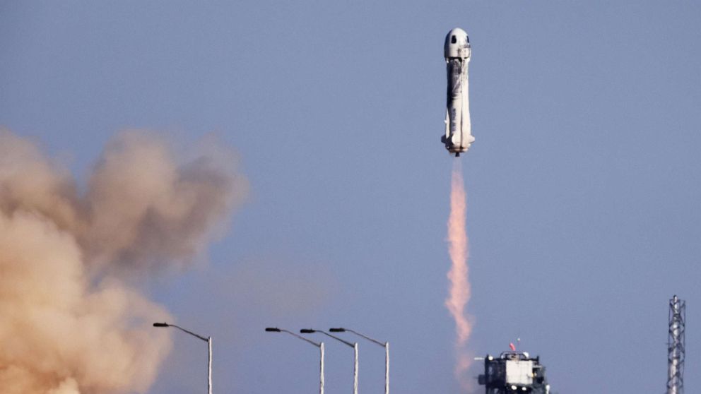 PHOTO: Blue Origin's New Shepard lifts off from the launch pad carrying 90-year-old Star Trek actor William Shatner and three other civilians on Oct. 13, 2021 near Van Horn, Texas. 