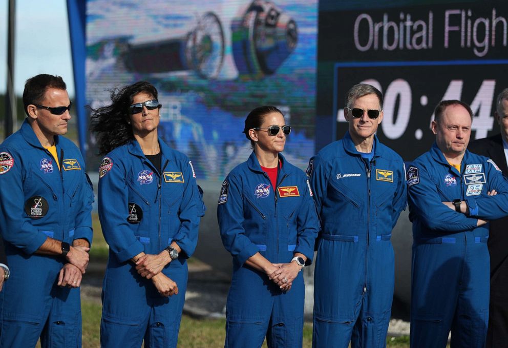 PHOTO: Astronauts from left; Josh Cassada, Suni Williams, Nicole Mann, Chris Ferguson and Mike Fincke speak to the media a day before the scheduled launch of a United Launch Alliance Atlas V rocket, Dec. 19, 2019, in Cape Canaveral, Florida.