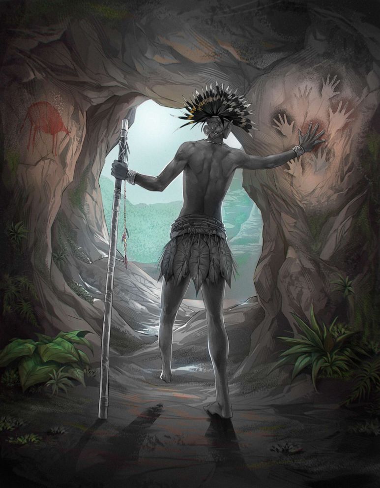 PHOTO: Artist's impression of Tebo1. The individual had their lower left leg amputated as a child and survived into earlv adulthood in an artistic community 31,000 years ago in Borneo.