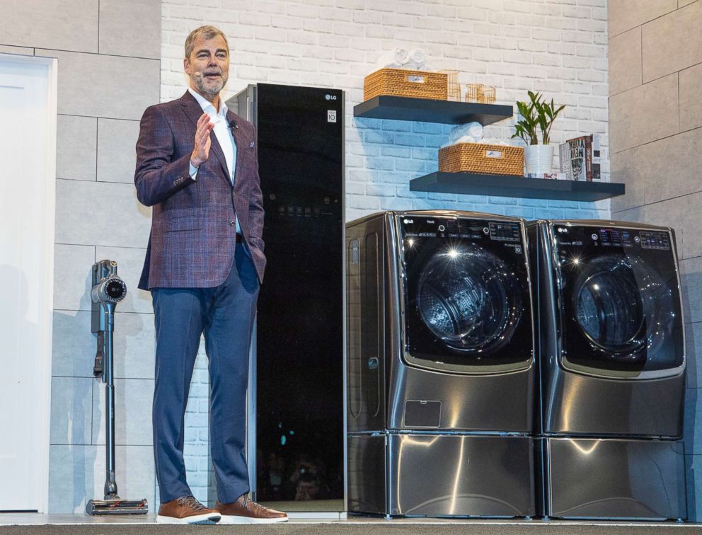 PHOTO: Dave VanderWaal, Senior Vice President of Marketing, LG Electronics USA, talks about ProActive Customer Care, an AI-powered customer service tool for home appliances at press conference during CES 2019, Jan. 7, 2019, in Las Vegas.