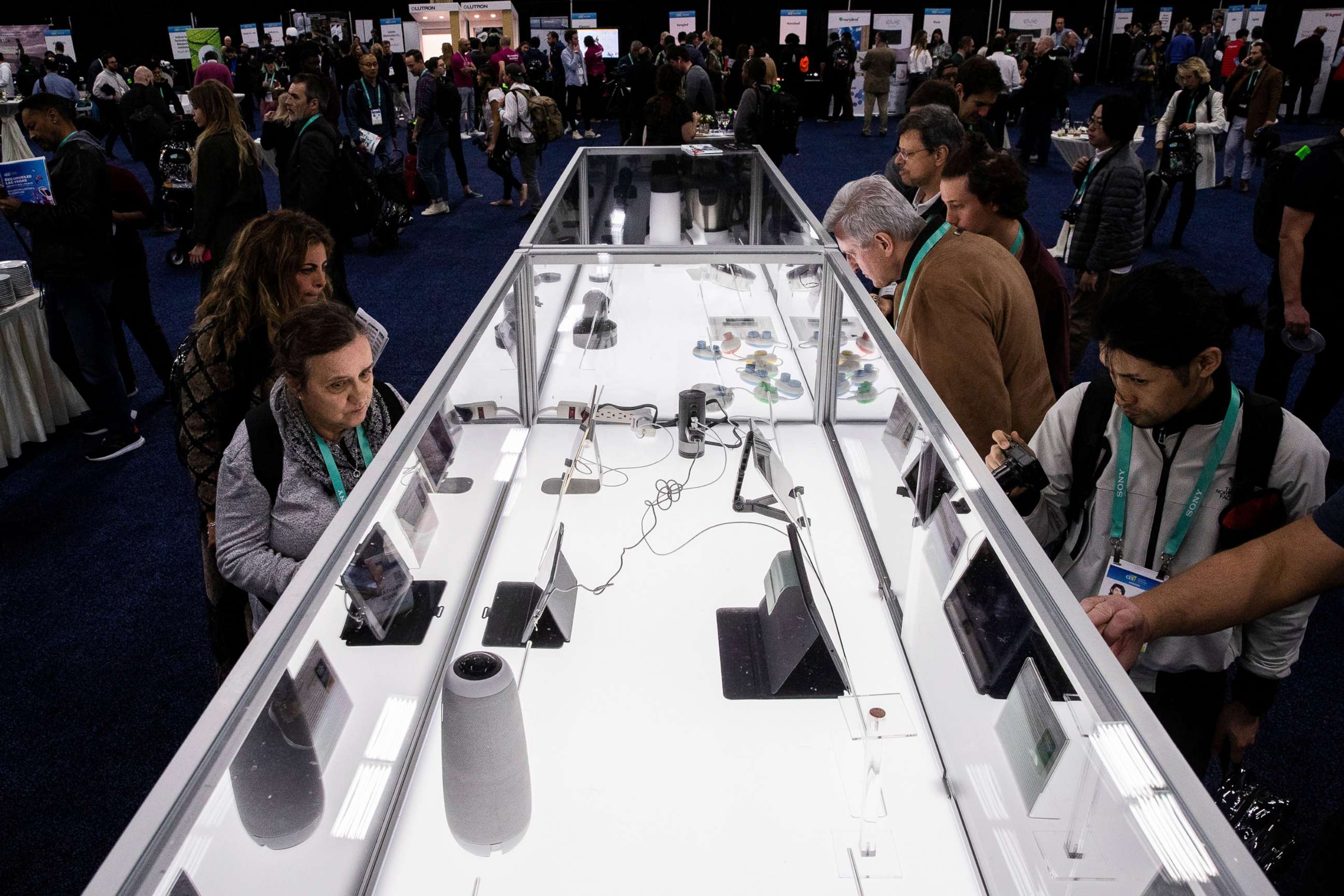 PHOTO: Visitors look at the CES innovation awards laureates at CES, the 2020 International Consumer Electronics Show in Las Vegas, Jan. 5, 2020.