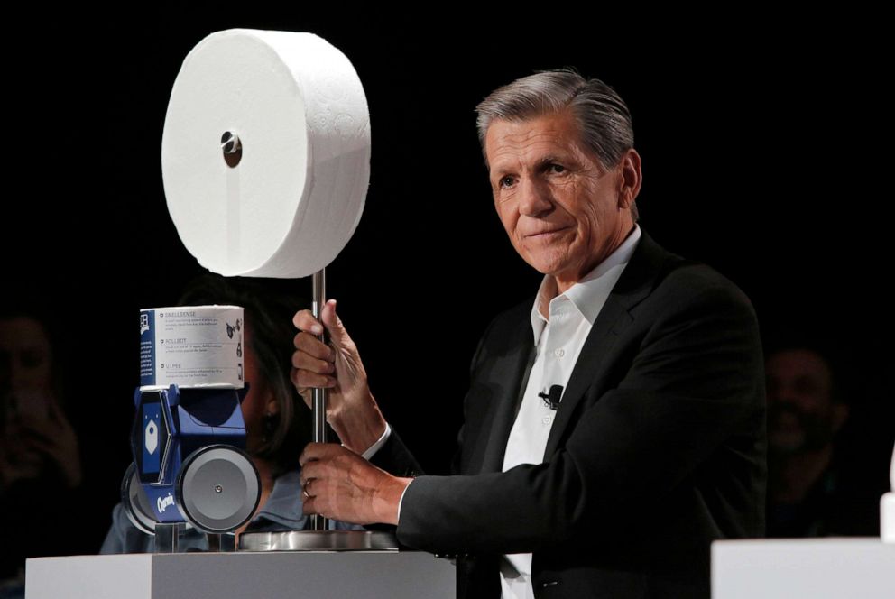 PHOTO: Procter & Gamble Chief Brand Officer Marc Pritchard shows off the Charmin Forever Roll and the Charmin RollBot during a Procter & Gamble news conference before CES International, Jan. 5, 2020, in Las Vegas.