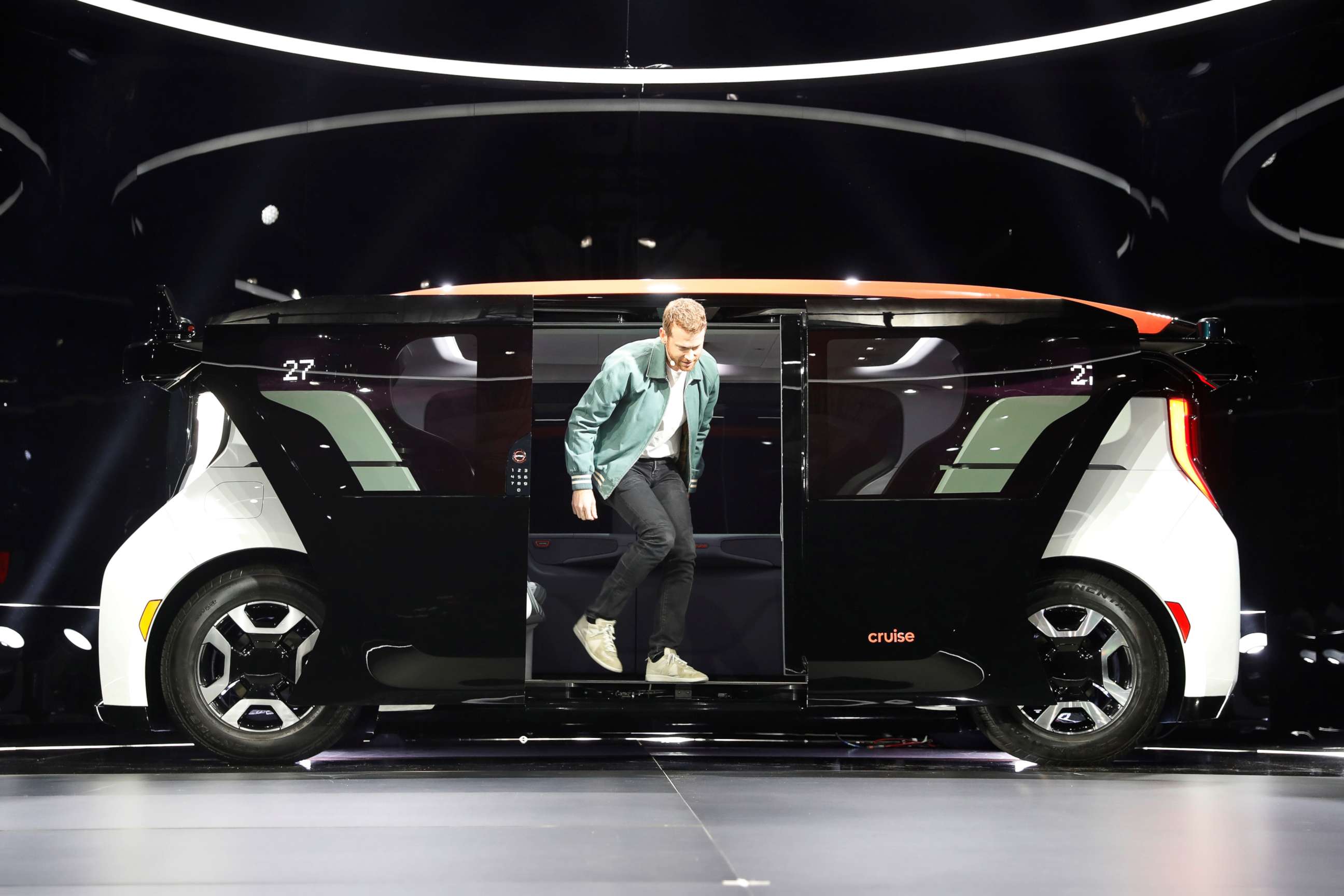 PHOTO: Kyle Vogt, chief technology officer, president & co-founder of Cruise, a Honda and General Motors self-driving car partnership, disembarks from a Cruise Origin autonomous vehicle during its unveiling in San Francisco on Jan. 21, 2020.