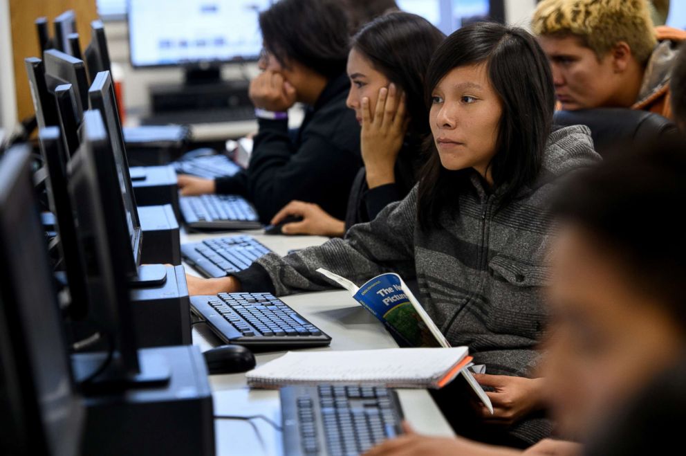 PHOTO: Students work on the development of Duolingo's Navajo language application at San Juan High School on Oct. 1, 2018 in Blanding, Utah.