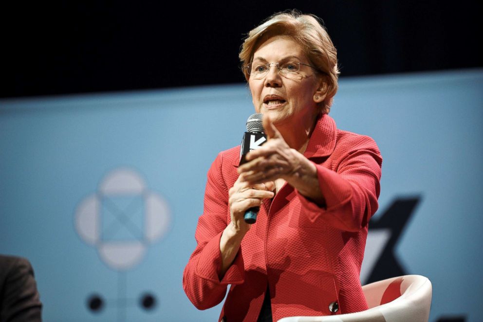 PHOTO: Senator Elizabeth Warren speaks about her policy ideas with Anand Giridharadas at the South by Southwest (SXSW) conference and festivals in Austin, Texas, March 9, 2019.