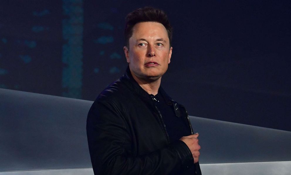 PHOTO: In this file photo taken on Nov. 21, 2019 Tesla co-founder and CEO Elon Musk introduces the newly unveiled all-electric battery-powered Tesla Cybertruck at Tesla Design Center in Hawthorne, Calif.