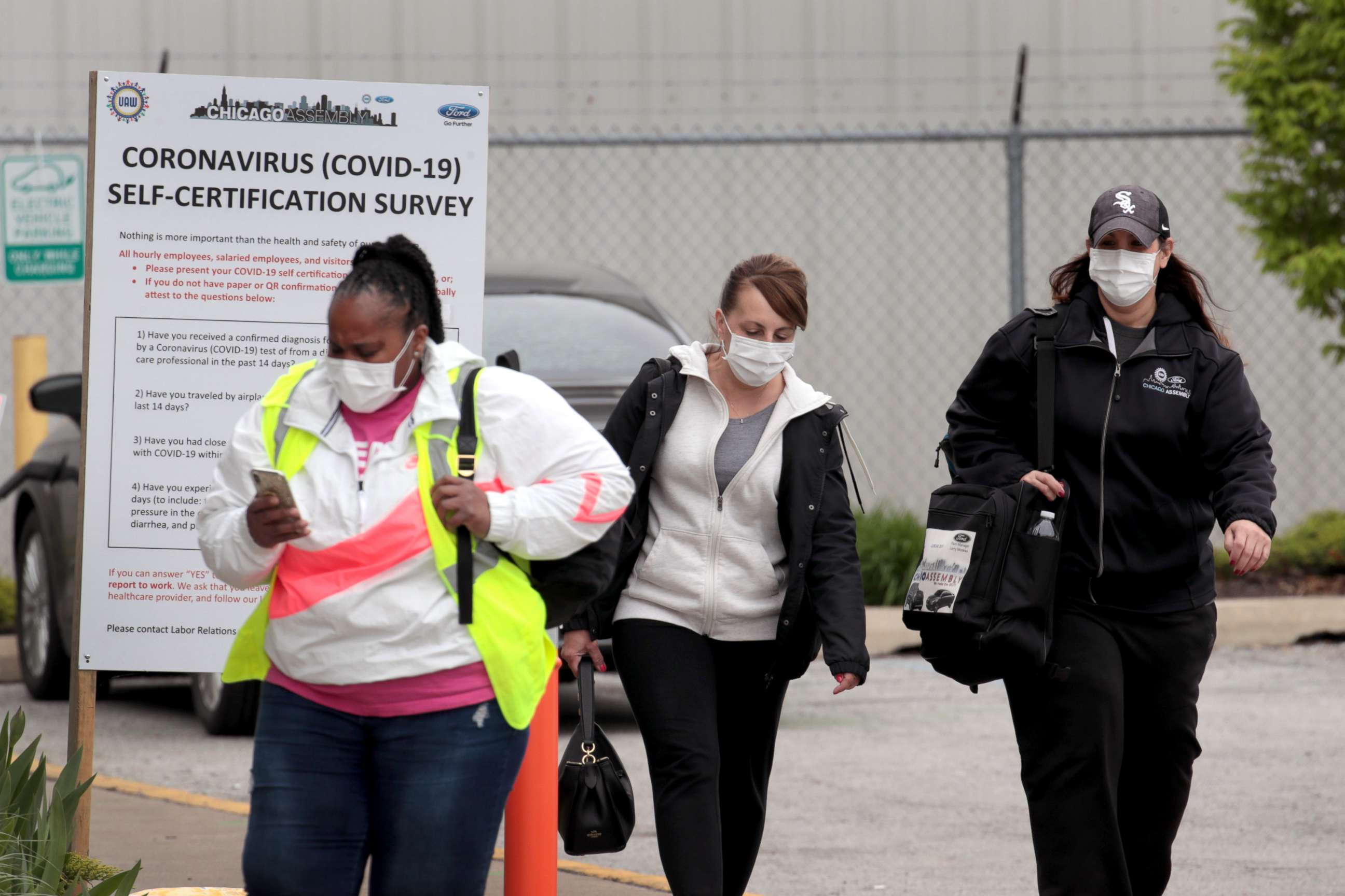 PHOTO: Workers leave Ford's Chicago Assembly Plant on May 20, 2020 in Chicago.