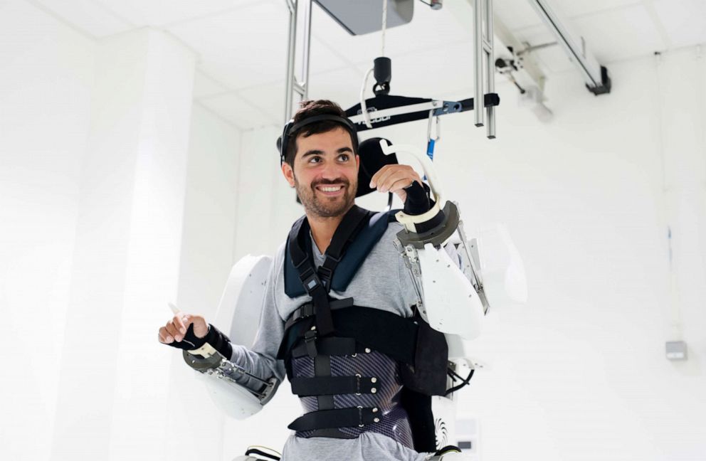 PHOTO: A Thibault, a paralyzed man was able to move all four of his paralyzed limbs with a mind-controlled exoskeleton suit because of two implants placed on the surface of his brain in Paris, Oct. 4, 2019.