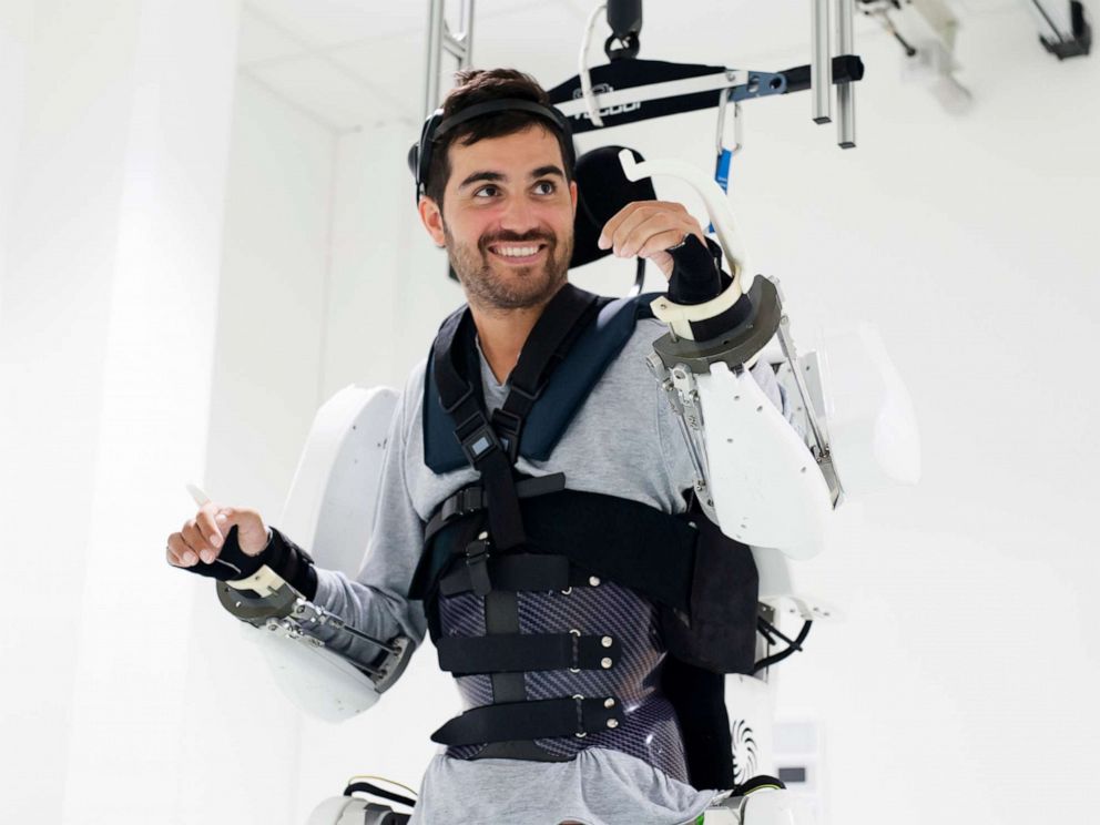 PHOTO: A Thibault, a paralyzed man was able to move all four of his paralyzed limbs with a mind-controlled exoskeleton suit because of two implants placed on the surface of his brain in Paris, Oct. 4, 2019.