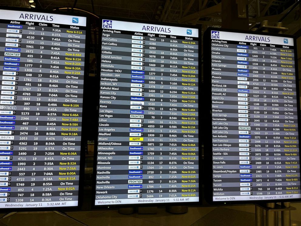 PHOTO: An arrival board displays the status of flights at the Denver International Airport, as flights were grounded after FAA system outage, in Denver, Jan. 11, 2023.