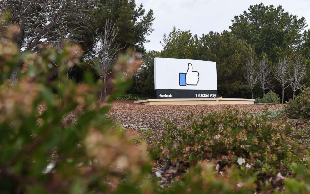 PHOTO: A sign is seen at the entrance to Facebook's corporate headquarters location in Menlo Park, California, March 21, 2018.