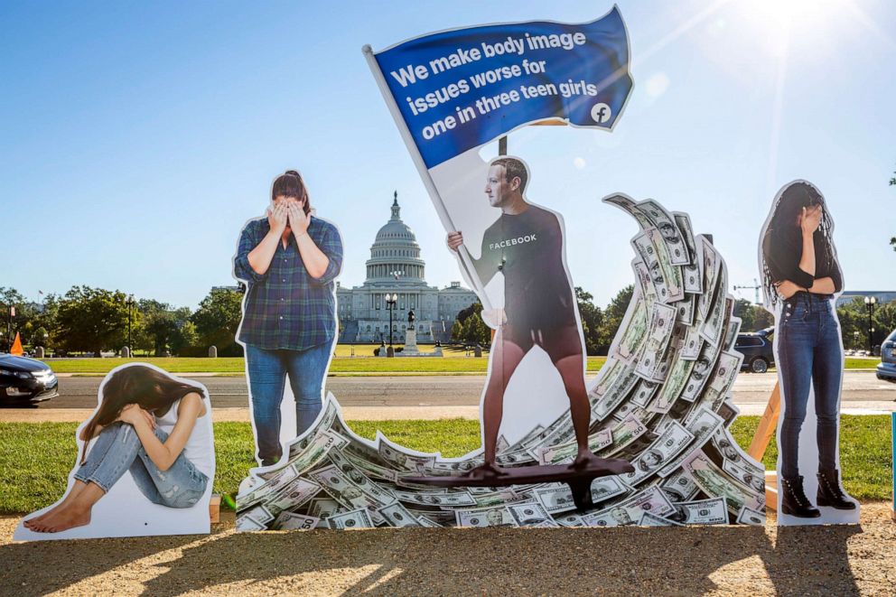 PHOTO: SumOfUs erected a seven-foot visual protest outside the U.S. Capitol depicting Facebook CEO Mark Zuckerberg surfing on a wave of cash, while young women surround him appearing to be suffering, Sept. 30, 2021.