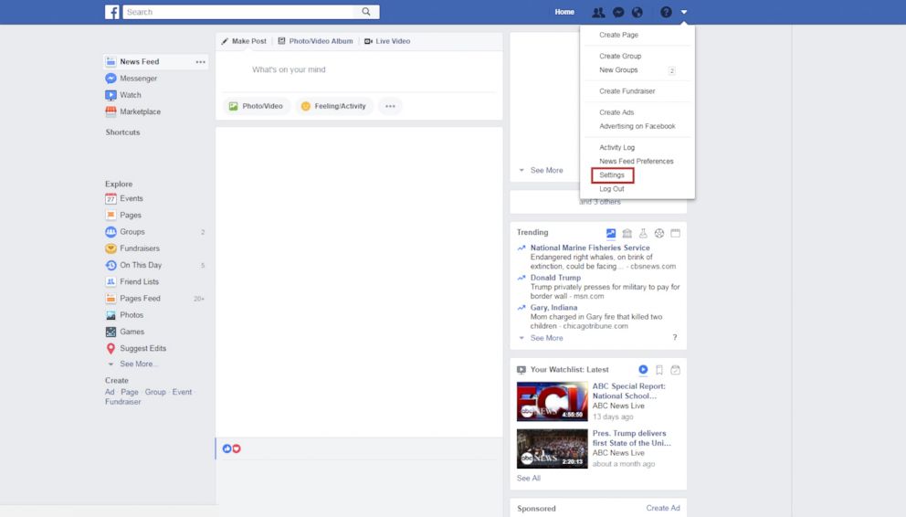 PHOTO: Log in to your Facebook account. In the right-hand corner of your News Feed, locate an arrow that displays a dropdown menu. 