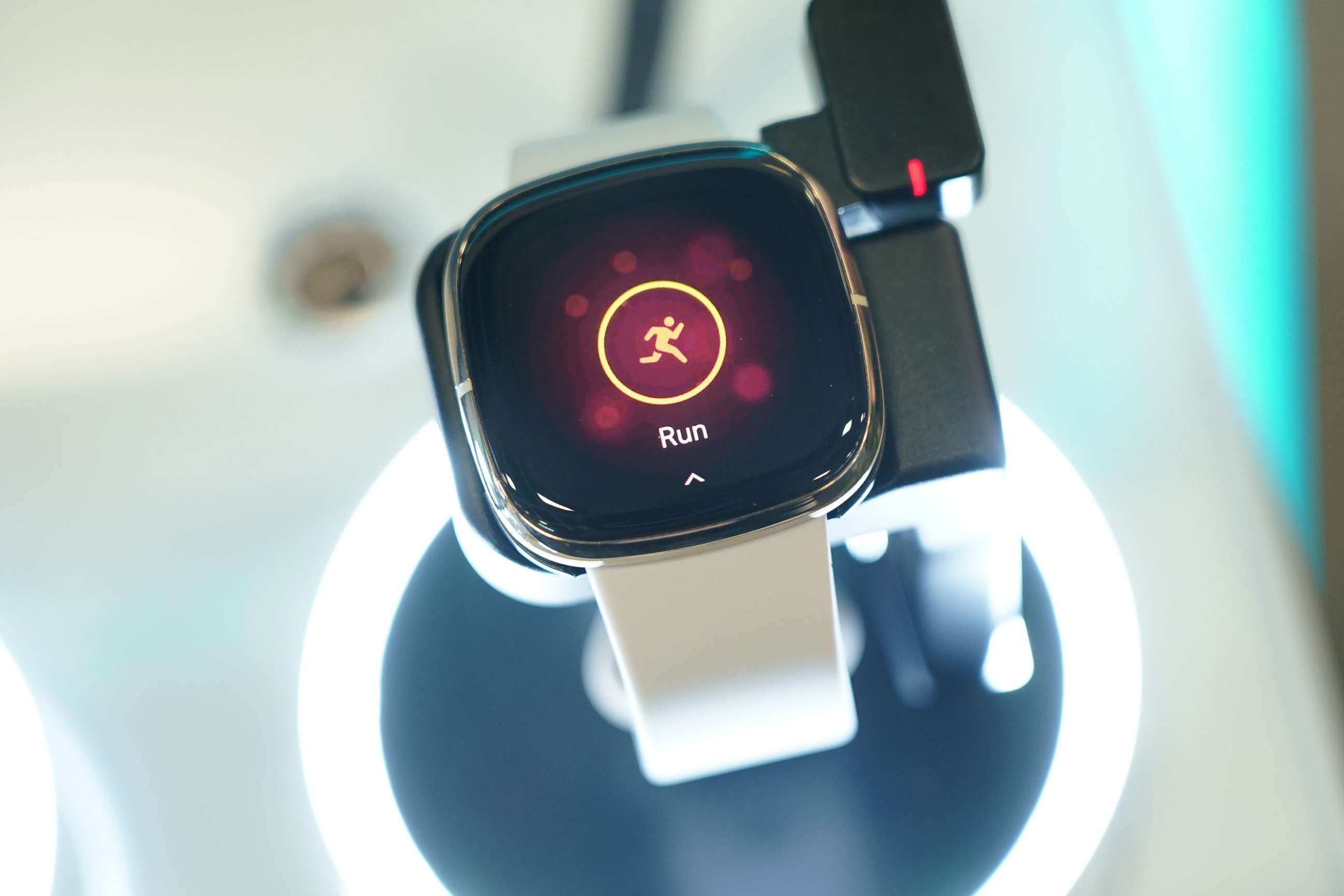 PHOTO: The Fitbit Sense health smartwatch lies on display at the Fitbit stand at the IFA 2020 Special Edition consumer electronics and appliances trade fair, Sept. 3, 2020, in Berlin.