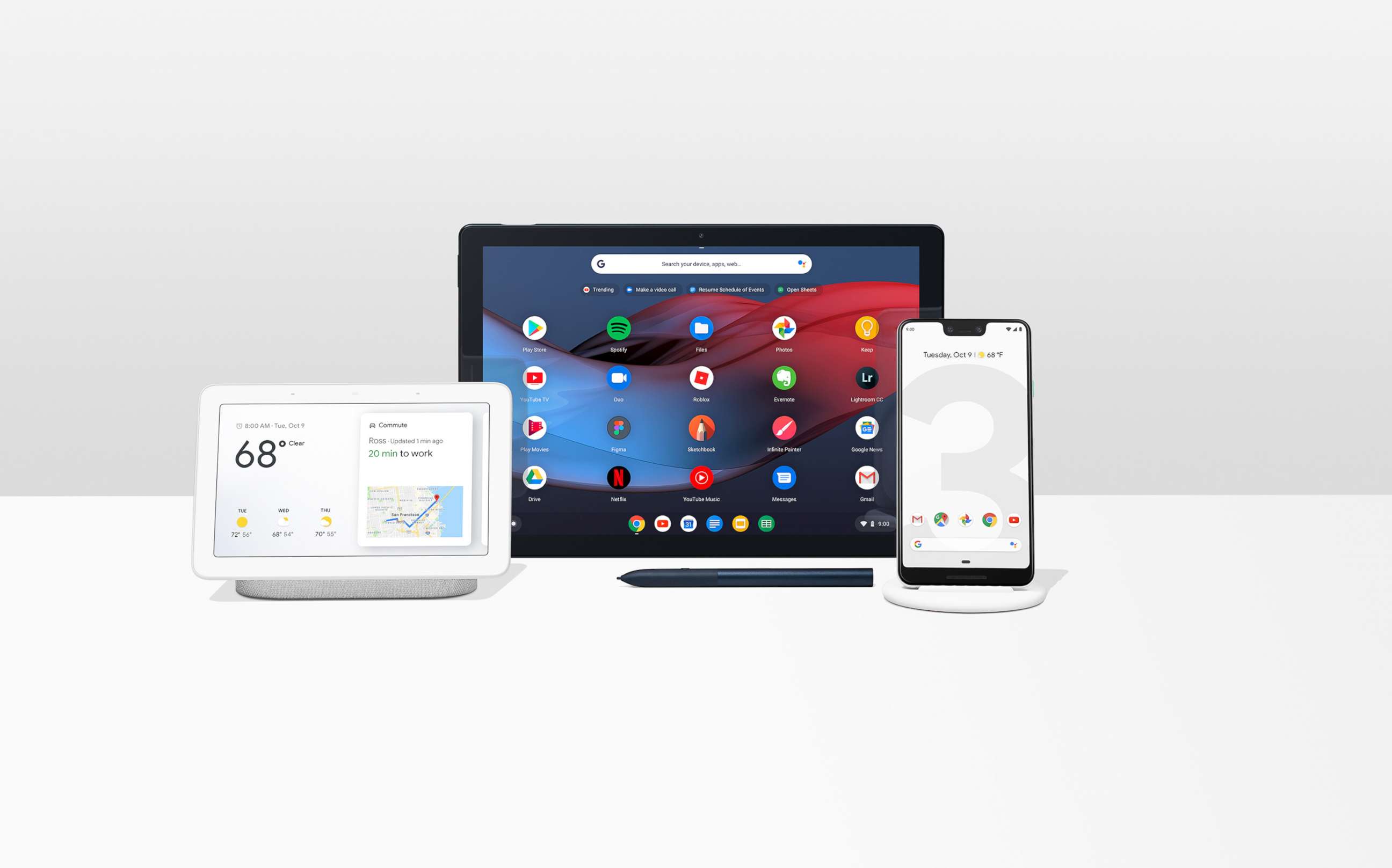 PHOTO: A Google Home Hub, Slate and Pixel 3 phone are pictured in an undated handout photo.
