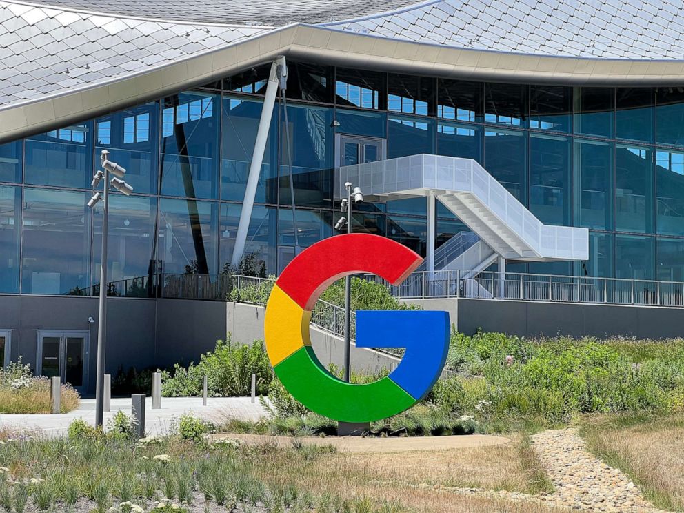 PHOTO: In this June 16, 2022, file photo, signage is displayed outside Google's new Bay View campus in Mountain View, Calif.