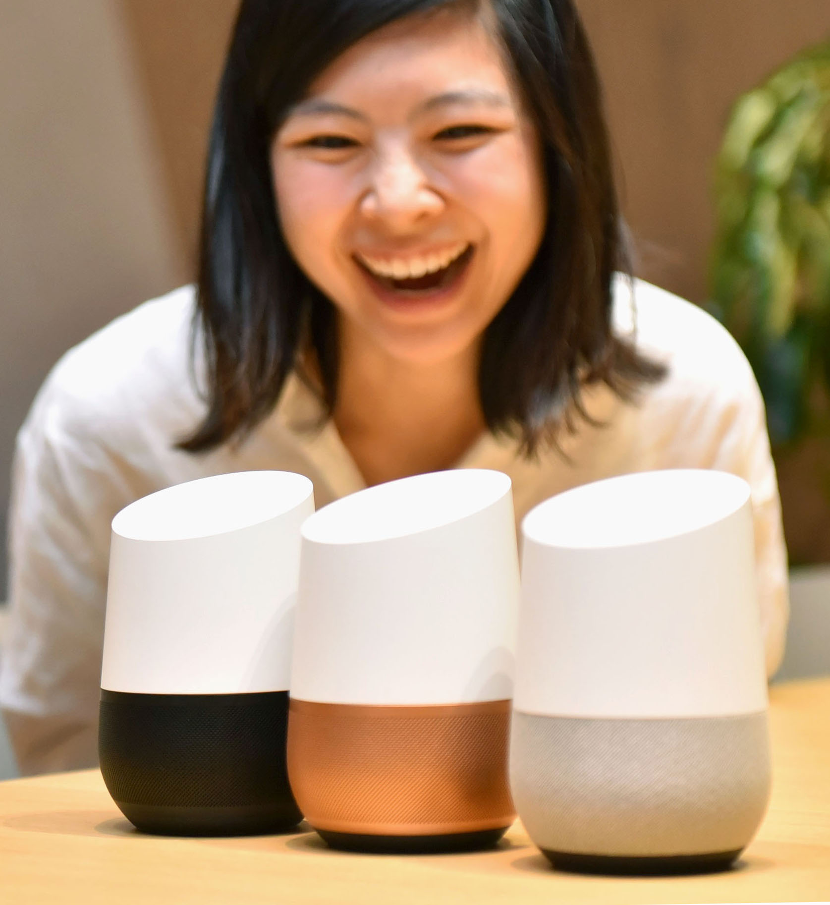 PHOTO: The Google Home smart speaker, as shown during a press event in Tokyo on Oct. 5, 2017, will be sold in Japan from Oct. 6. Its compact version, the Google Home Mini, will also become available. 