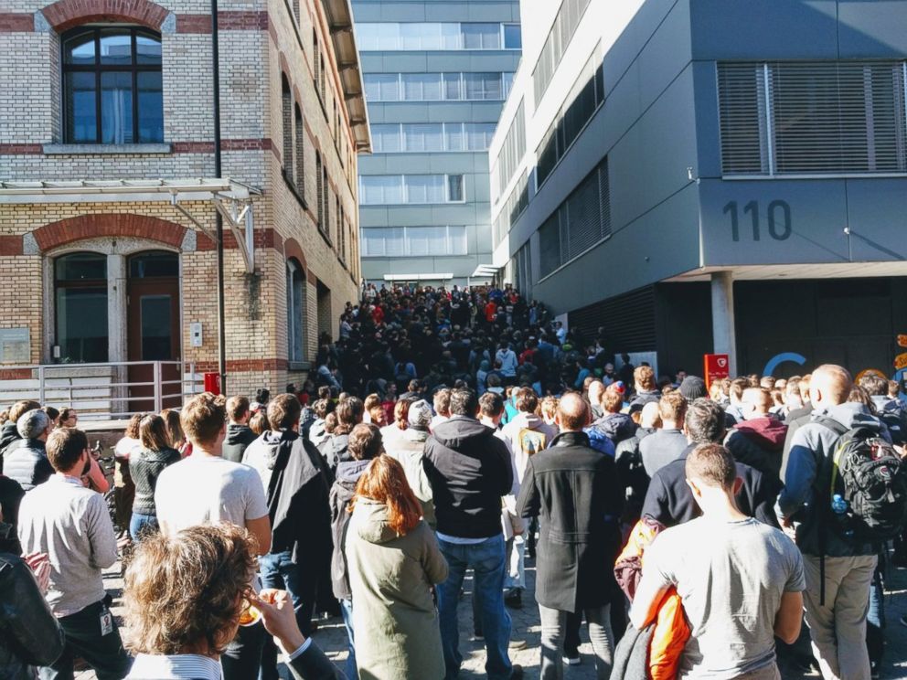 PHOTO: People gather next to the Google office to attend the Google Walkout in Zurich, Nov. 1, 2018, in this picture obtained from social media.