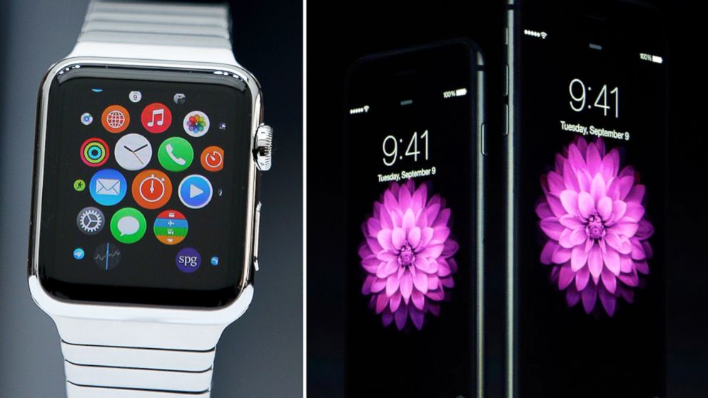 The Apple Watch is displayed and Apple CEO Tim Cook presents the new iPhone 6 and iPhone 6 Plus on Sept. 9, 2014 in Cupertino, Calif.