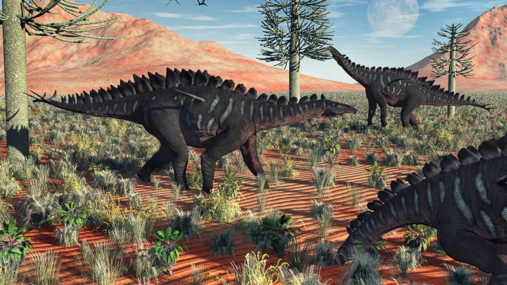 An artist's depiction shows Miragaia dinosaurs grazing during the Jurassic Period.