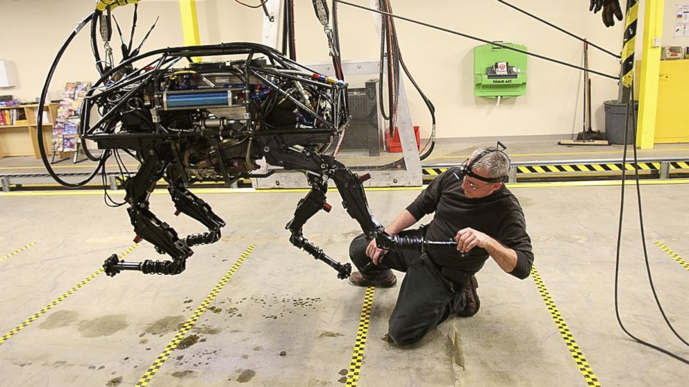 A BigDog robot at Boston Dynamics, which is being developed to help soldiers carry heavy equipment in the field. 
