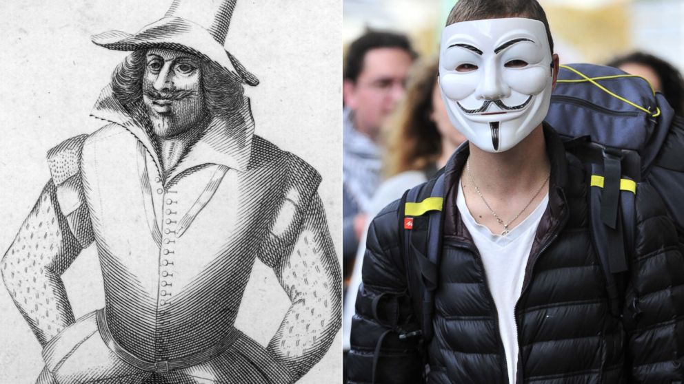 English conspirator, Guy Fawkes, circa 1606. | A protester wearing a Guy Fawkes mask on Nov. 1, 2014 in Nantes.