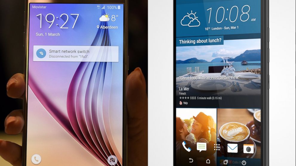 The Samsung Galaxy S6 is presented during the 2015 Mobile World Congress in Barcelona on March 1, 2015, and an undated product image provided by HTC shows front and rear views of the HTC One M9 smartphone.