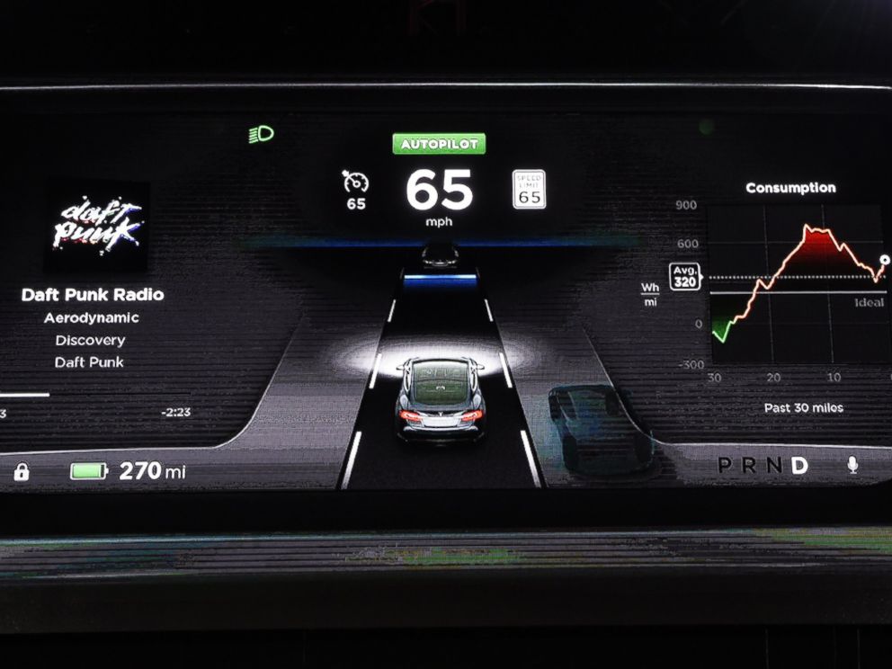 PHOTO: The dashboard of the new Tesla D model electric sedan is seen on a giant screen during Elon Musks talk at the Hawthorne Airport on Oct. 09, 2014 in Hawthorne, Calif.