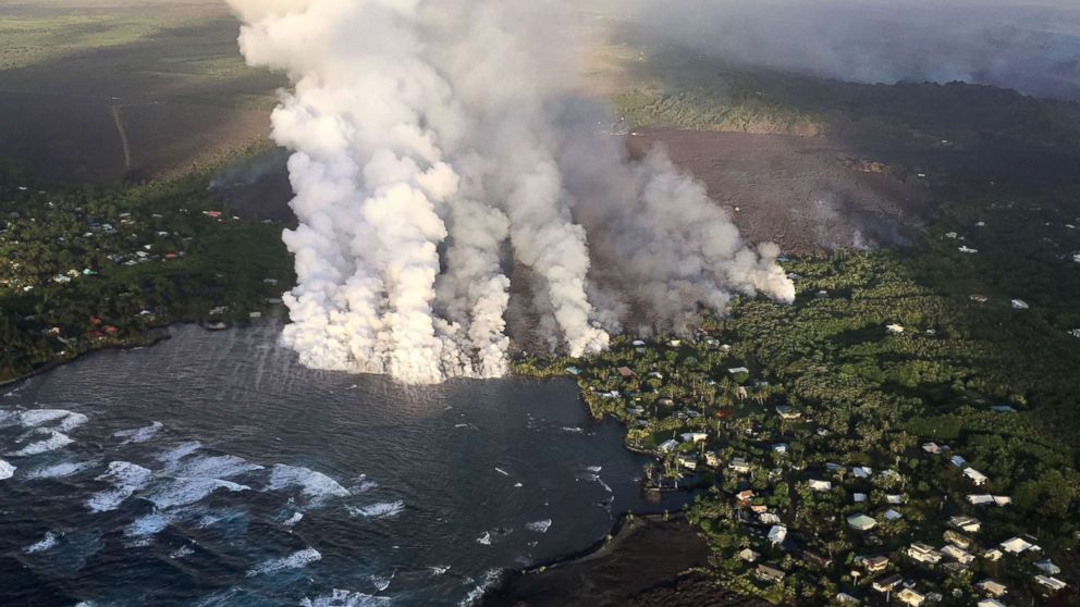 PHOTO: Lava flow originating from Fissure 8 pours into Kapoho Bay on the Big Island of Hawaii, June 4, 2018.