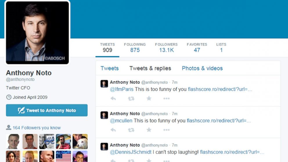 PHOTO: The Twitter account of Anthony Noto, the CFO for Twitter. 
