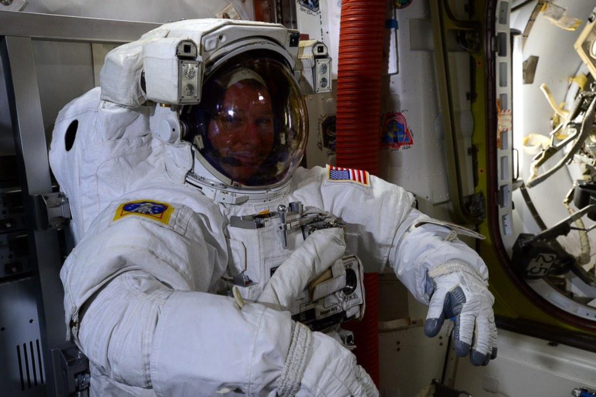 PHOTO: Terry Virts uploaded this image to Twitter on Feb. 16 with the caption, "#AstroButch and I tried on our spacesuits during a 'dry run' today. The real thing is scheduled for this Friday!"
