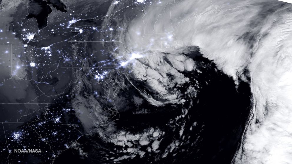 A combination of the day-night band and high resolution infrared imagery from the NASA-NOAA's Suomi NPP satellite shows the blizzard near peak intensity as it moves over New York through the Boston Metropolitan area at 1:45 a.m. EST on Jan. 27, 2015.
