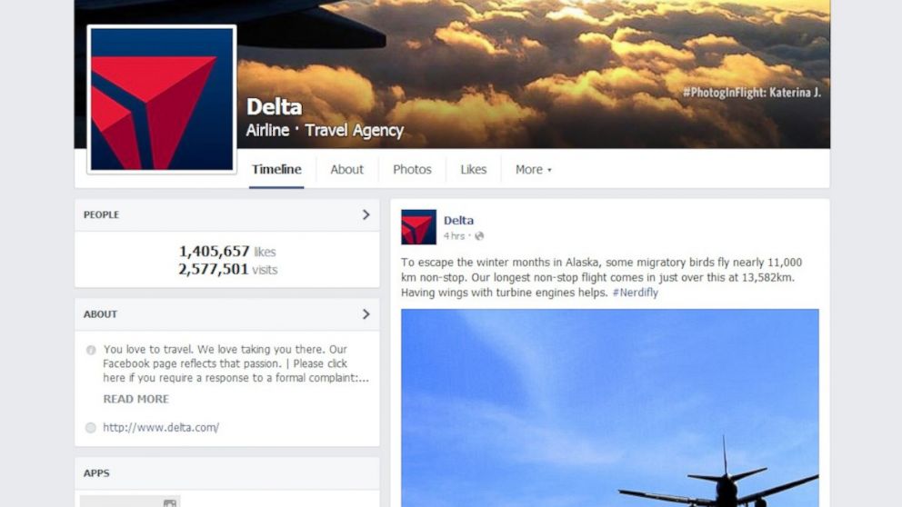 The Delta Airlines Facebook page was hacked and then quickly restored to normal on Feb. 10, 2015.
