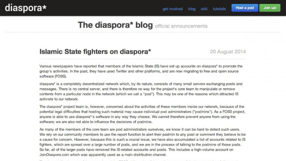 A post on the Diaspora blog warning of possible ISIS using their site. 