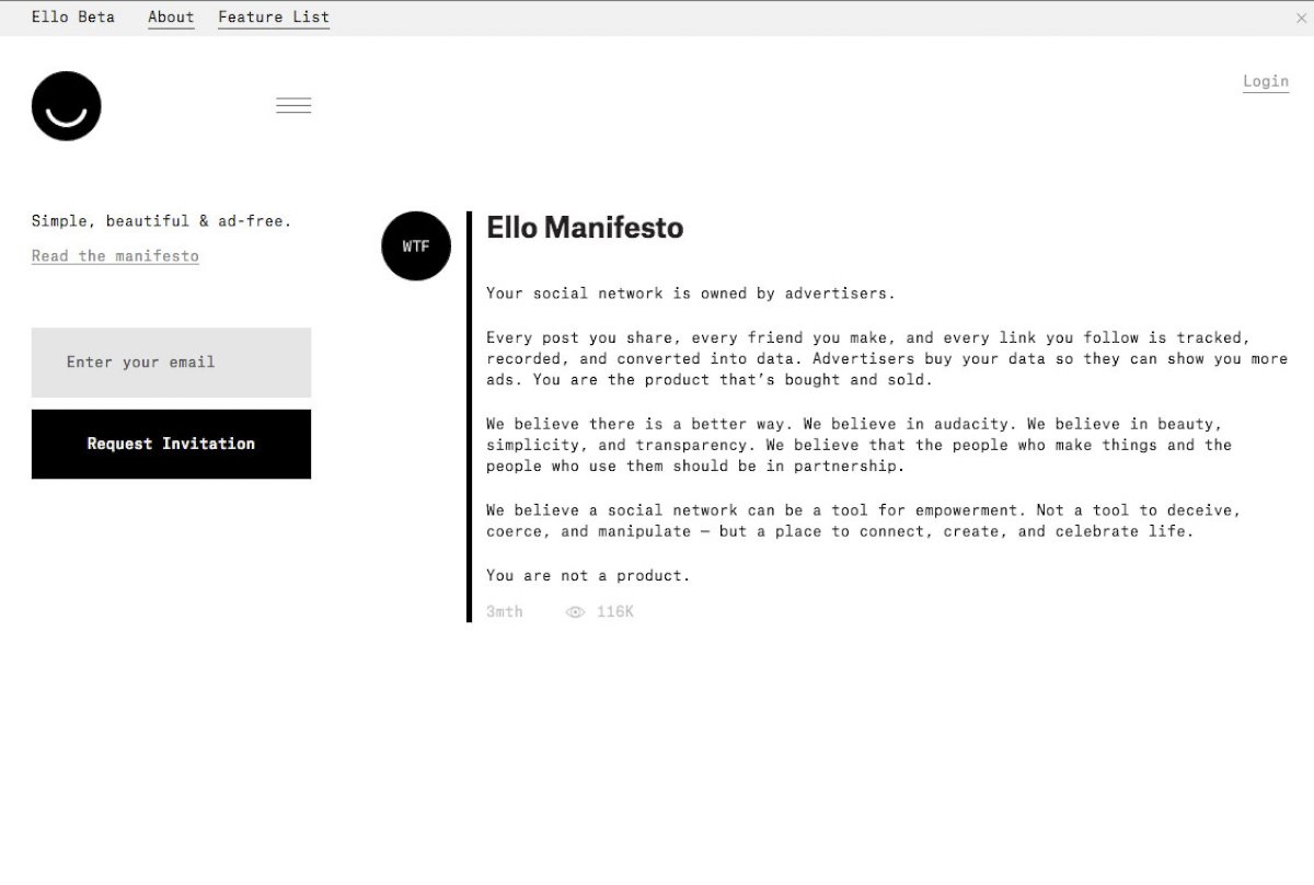 PHOTO: Ello is an invitation only social network without advertising.