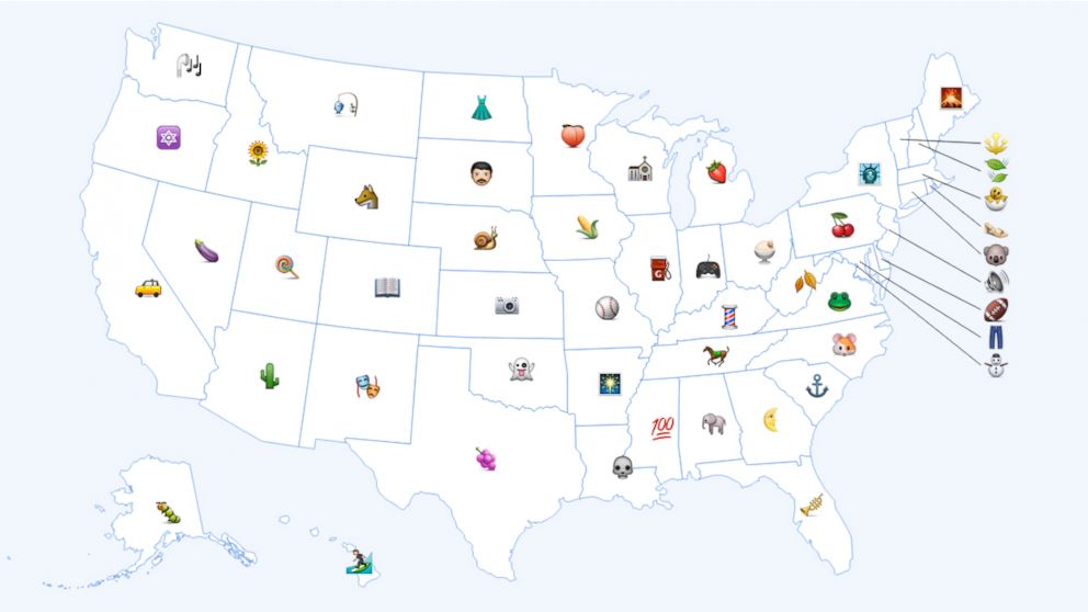 A map of the United States highlighting each state's top emoji released by Swiftkey. 