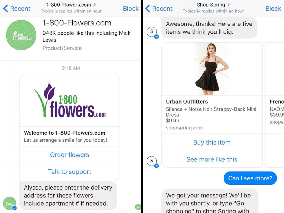 PHOTO: Images made from the Facebook Messenger app on April 14, 2016 show conversations with 1-800-Flowers.com and Shop Spring chat bots.