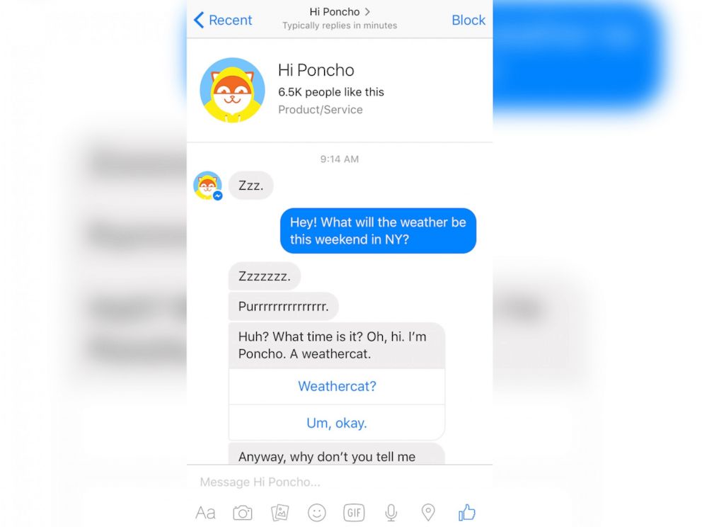 PHOTO: A screen grab made from the Facebook Messenger app on April 14, 2016 shows a conversation with the "Hi Poncho" chat bot.