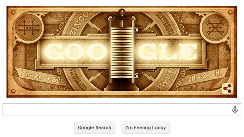PHOTO: The Feb. 18, 2015 Google doodle commemorates the 270th anniversary of Alessandro Volta’s birth. Volta is credited with building the first electrical battery.